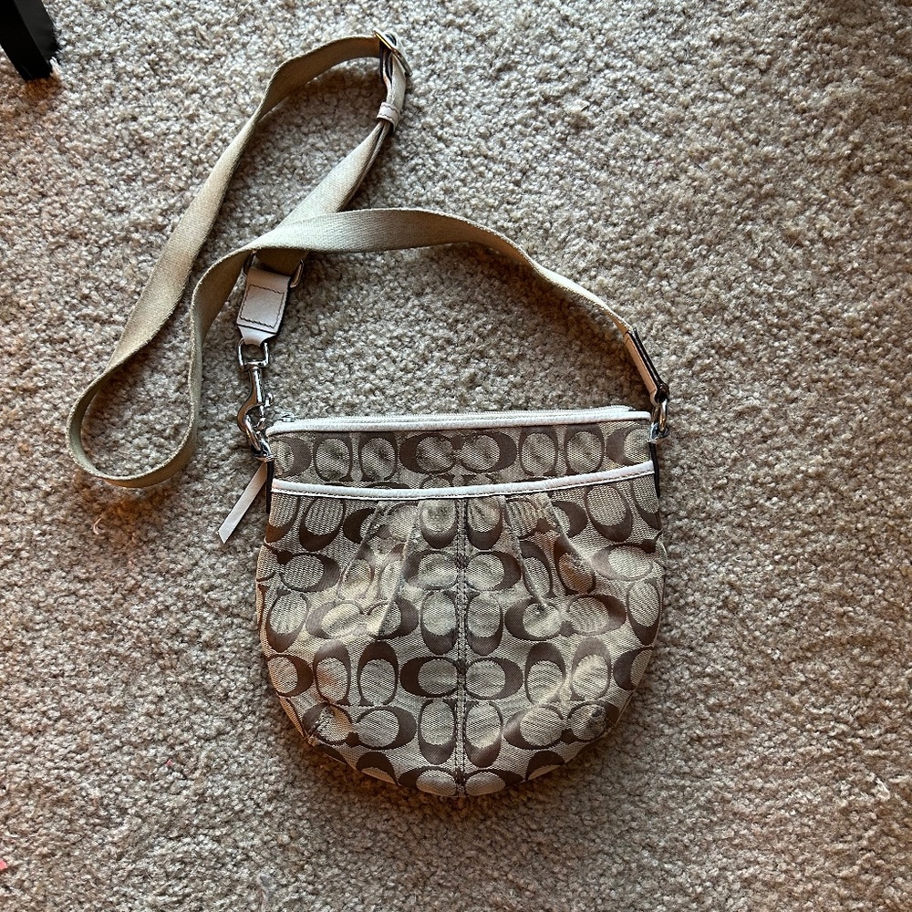 Authentic Coach Signature Monogram Bucket Crossbody Bag Beige and Brown